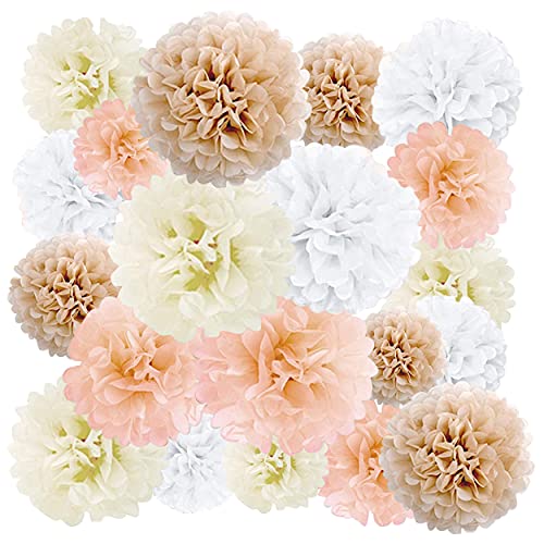 EPIQUEONE 20 Pieces Blush Pink, Dusty Rose, Mauve, Cream Tissue Paper Pom Poms - Ceiling and Party Decorations - Backdrop Flowers (White, Ivory, Peach, Champagne) - Image 1