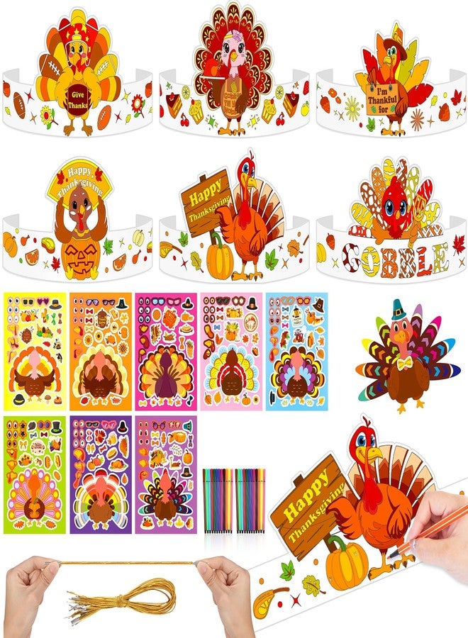 Konsait 24 PCS Color Your Own Thanksgiving Headband Make a Turkey Stickers Set Thanksgiving Party Supplies Turkey Crafts for Kids School and Home Activities - Image 1