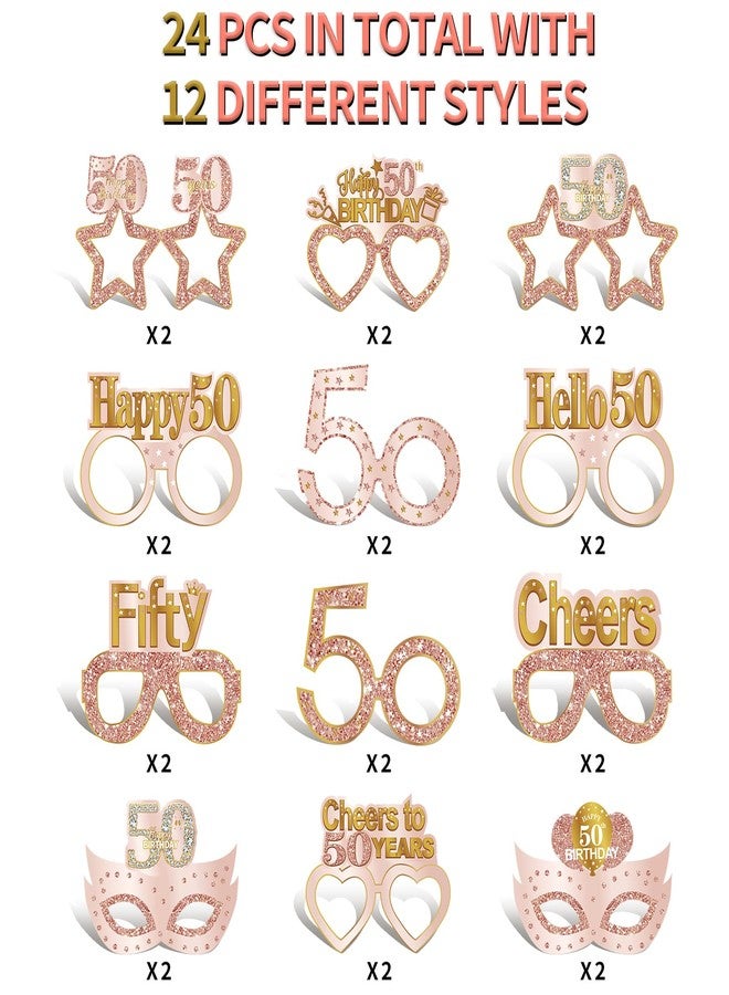 Guiruiy 24PCS 50th Birthday Paper Eyeglasses Decorations for Women, Pink Rose Gold Happy 50th Birthday Eyeglasses Party Supplies, Funny Fifty Year Old Birthday Glasses Photo Props Decor - Image 3