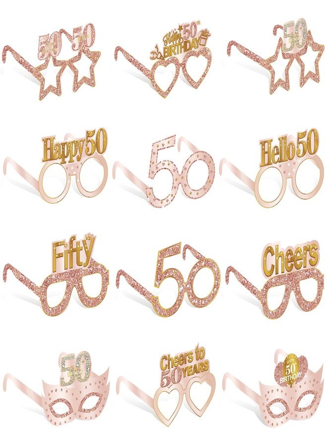 Guiruiy 24PCS 50th Birthday Paper Eyeglasses Decorations for Women, Pink Rose Gold Happy 50th Birthday Eyeglasses Party Supplies, Funny Fifty Year Old Birthday Glasses Photo Props Decor - Image 1