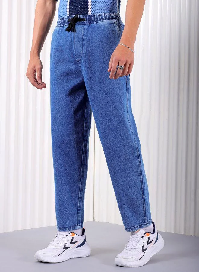 Men Bootcut Loose Fit Solid Mid-Rise Denim Joggers