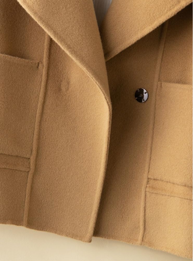 utcoco Womens Short Wool Pea Coat Notched Lapel Cropped Woolen Trench Coat with Pockets (Small, Camel) - Image 4