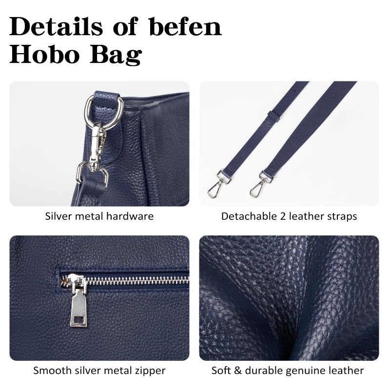 befen Soft Real Leather Medium Crossbody Hobo Bags for Women, Woman Shoulder Satchel Purses Top Handle Handbags Navy Blue - Image 4
