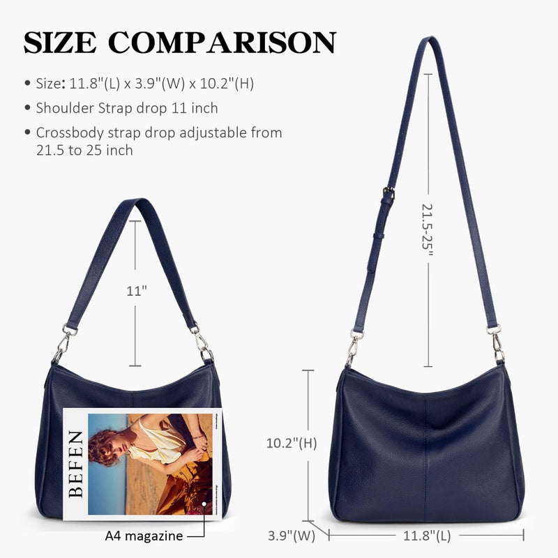 befen Soft Real Leather Medium Crossbody Hobo Bags for Women, Woman Shoulder Satchel Purses Top Handle Handbags Navy Blue - Image 5