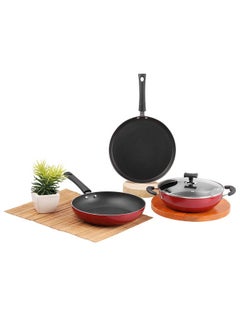 VINOD Vinod Popular Aluminium Non Stick Cookware Set Of 3|2.5 Litre Kadhai, 24 Cm Frypan With Common Glass Lid And 25Cm Dosa Tawa|3Mm Thick|Induction & Gas Base|2 Year Warranty, Red  - Image 1