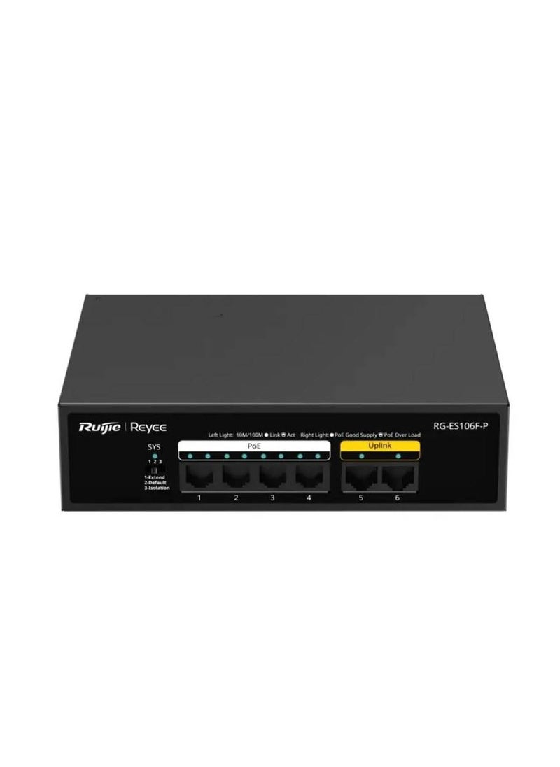 Ruijie - Ruijie 6-Port 100Mbps PoE Switch – 4× PoE/PoE+ Ports | 54W PoE Budget | Steel Case | Reliable Network Power & Data - Image 1