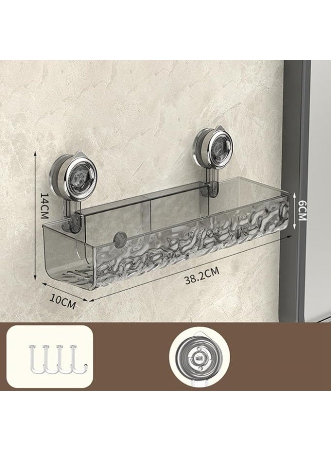 ناما رف حمام أو منظم حمام أنيق وعملي. مصنوع من الأكريليك أو البلاستيك الشفاف المتين، ويتميز بسطح ذو ملمس متموج يسمح بتصريف المياه بسهولة، مما يمنع تراكمها ويحافظ على أدوات النظافة جافة. يحتوي على نظام تثبيت قوي يعتمد على أكواب الشفط (suction cups)، مما يجعله سهل التركيب على الأسطح الملساء مثل بلاط الحمام دون الحاجة للحفر - Image 1