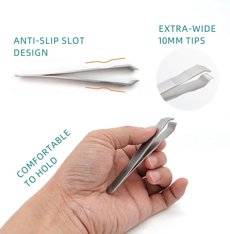 Ausomtek Beard Tweezers, Hair Plucking and Fine Hair Removal Tool, Eyebrows Tweezer, Stainless Steel, 10mm Tip, Anti-Slip Slot Design, Cyan PU Case 1Pack - Image 4