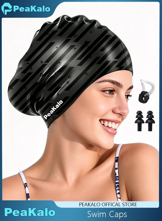 PeaKalo Swim Cap for Long Hair, Durable Silicone Swimming Caps for Women Adults Youths, Non-Slip Waterproof Swim Cap to Keep Hair Dry - Image 1
