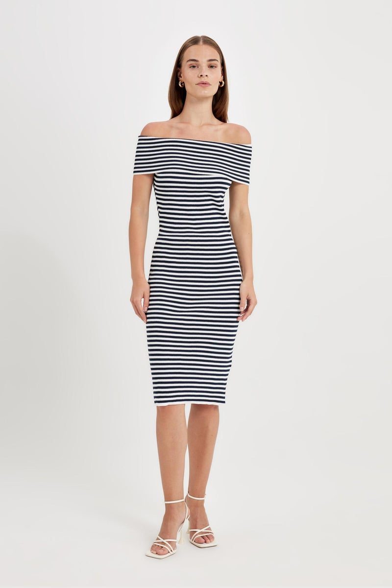 DeFacto Woman Fitted Striped Open Shoulder Ribbed Midi Dress  - Image 3