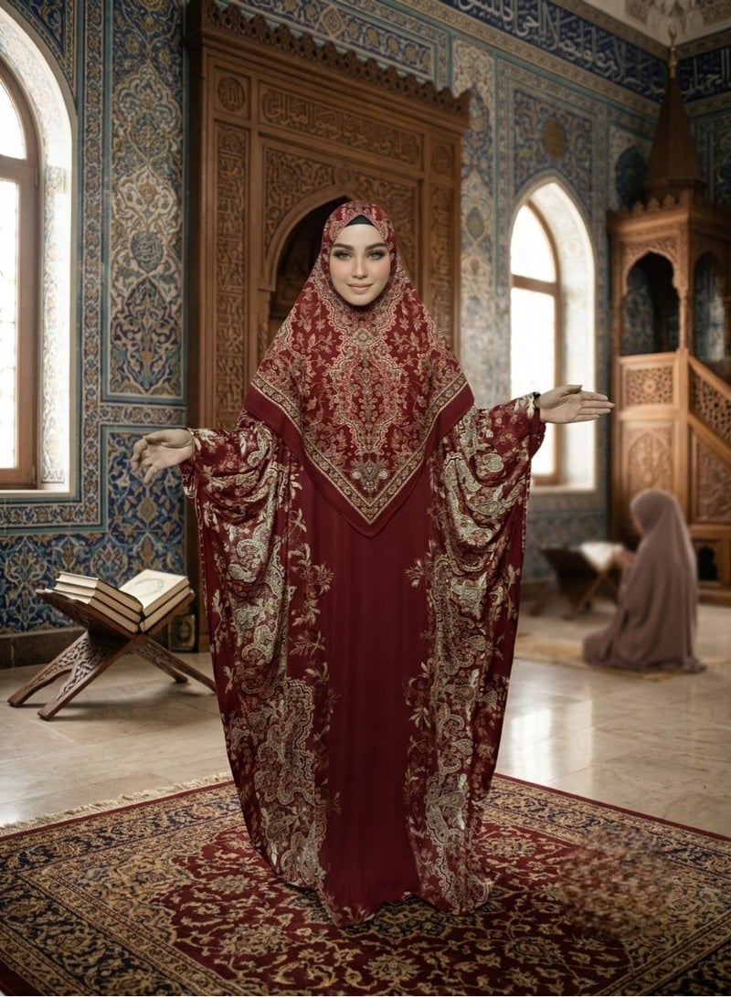 Luxury Paisley Print Isdal Prayer Dress for Women with Matching Head Cover Modest Full Length Batwing Kaftan Abaya Lightweight Breathable Islamic Prayer Outfit Maxi Loose Fit Fits Up to 150 KG Size 160 x 160 CM - Image 1