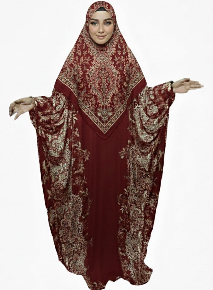 Luxury Paisley Print Isdal Prayer Dress for Women with Matching Head Cover Modest Full Length Batwing Kaftan Abaya Lightweight Breathable Islamic Prayer Outfit Maxi Loose Fit Fits Up to 150 KG Size 160 x 160 CM - Image 2
