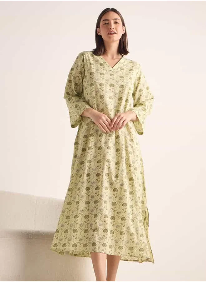 FAV Printed V-neck Night Dress with 3/4 Sleeves