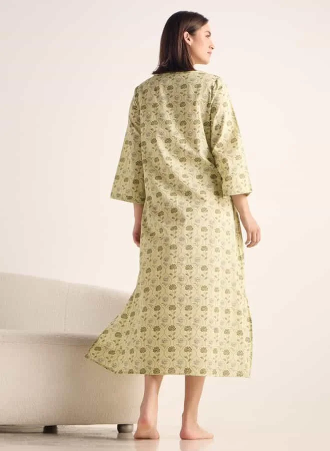 Splash FAV Printed V-neck Night Dress with 3/4 Sleeves