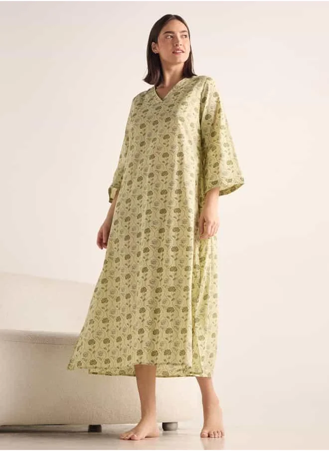 FAV Printed V-neck Night Dress with 3/4 Sleeves
