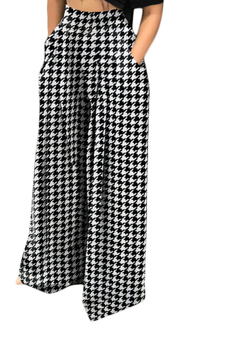 NRTHYE Houndstooth Palazzo Pants for Women High Waist Wide Leg Stretchy Loose Fit Casual Trousers - Image 1