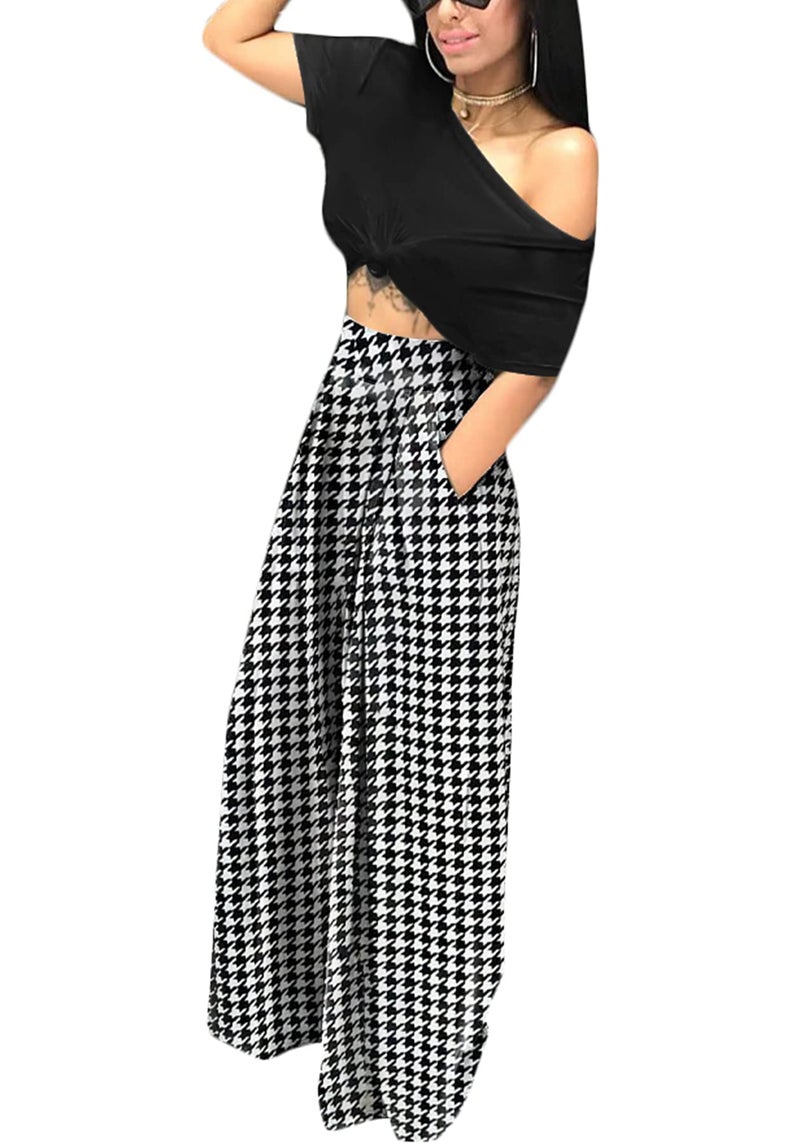 NRTHYE Houndstooth Palazzo Pants for Women High Waist Wide Leg Stretchy Loose Fit Casual Trousers - Image 2