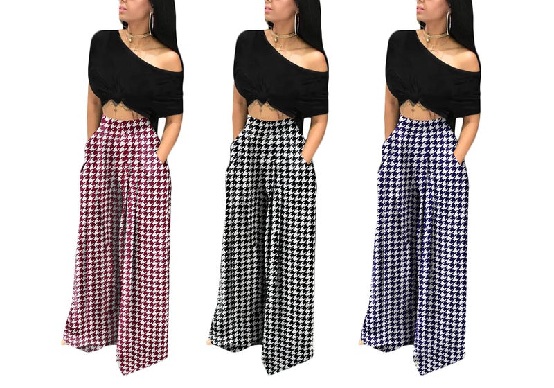 NRTHYE Houndstooth Palazzo Pants for Women High Waist Wide Leg Stretchy Loose Fit Casual Trousers - Image 5