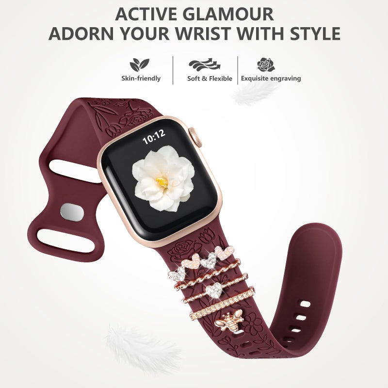 DaQin Flower Engraved Band Compatible with Apple Watch Bands for Women 40mm 38mm 41mm 42mm, Soft Silicone Strap With Dressy Decorative Apple Watch Charms for iWatch Series 11 10 9 8 7 6 5 4 3 2 1 SE - Image 5