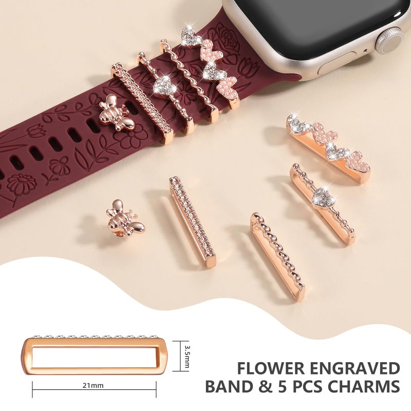 DaQin Flower Engraved Band Compatible with Apple Watch Bands for Women 40mm 38mm 41mm 42mm, Soft Silicone Strap With Dressy Decorative Apple Watch Charms for iWatch Series 11 10 9 8 7 6 5 4 3 2 1 SE - Image 4