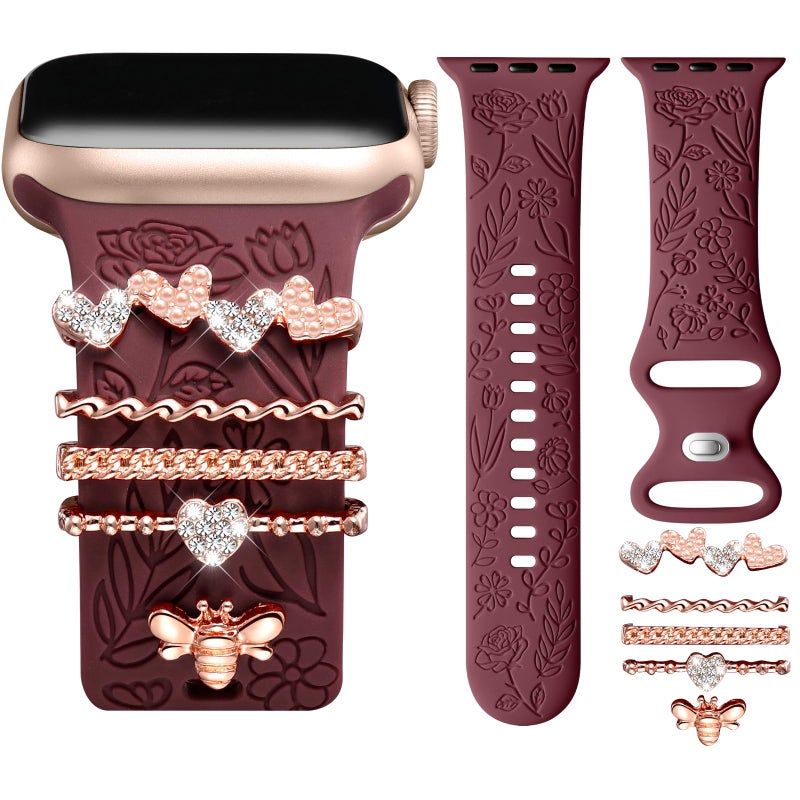 DaQin Flower Engraved Band Compatible with Apple Watch Bands for Women 40mm 38mm 41mm 42mm, Soft Silicone Strap With Dressy Decorative Apple Watch Charms for iWatch Series 11 10 9 8 7 6 5 4 3 2 1 SE - Image 1