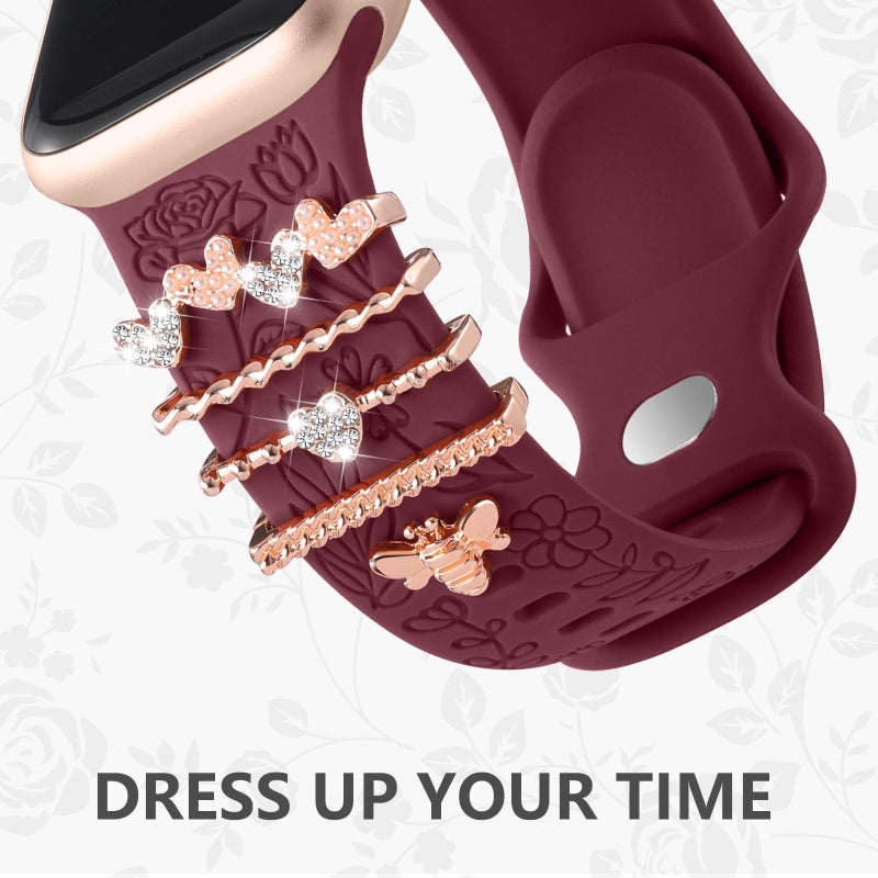 DaQin Flower Engraved Band Compatible with Apple Watch Bands for Women 40mm 38mm 41mm 42mm, Soft Silicone Strap With Dressy Decorative Apple Watch Charms for iWatch Series 11 10 9 8 7 6 5 4 3 2 1 SE - Image 3