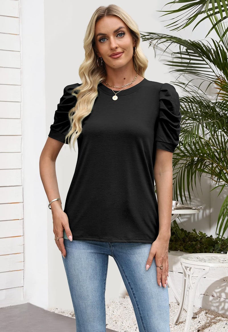 Loaribe Summer Tops for Women 2026 Lightweight Crew Neck Puff Short Sleeve T Shirts Loose Fit Blouses Spring Vacation Outfits Business Casual Tees Beach Fashion,Black,M - Image 4