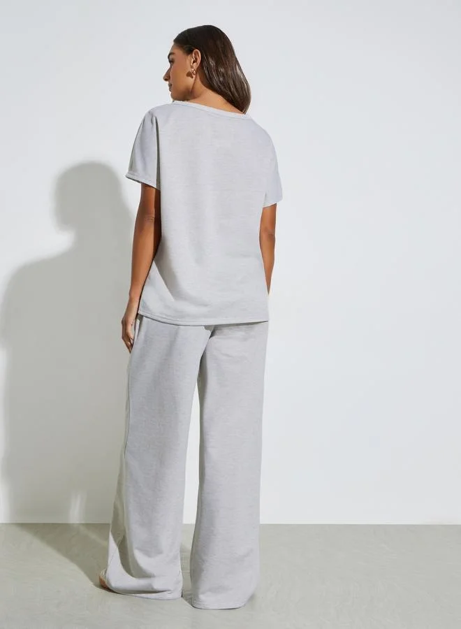 Styli  Grey Solid Oversize Top and Wide Leg Joggers Co-Ors for Women | Best Price UAE