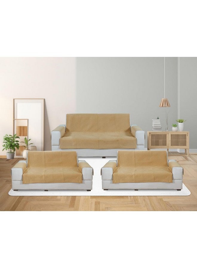 Nendle Plain Solid Quilted Universal Velvet Anti-Skid Protetcor Sofa Covers L Shape 7 Seater of Type 3+2+2 with Armrest Cover Attached (Golden, Pack of 3) - Image 1