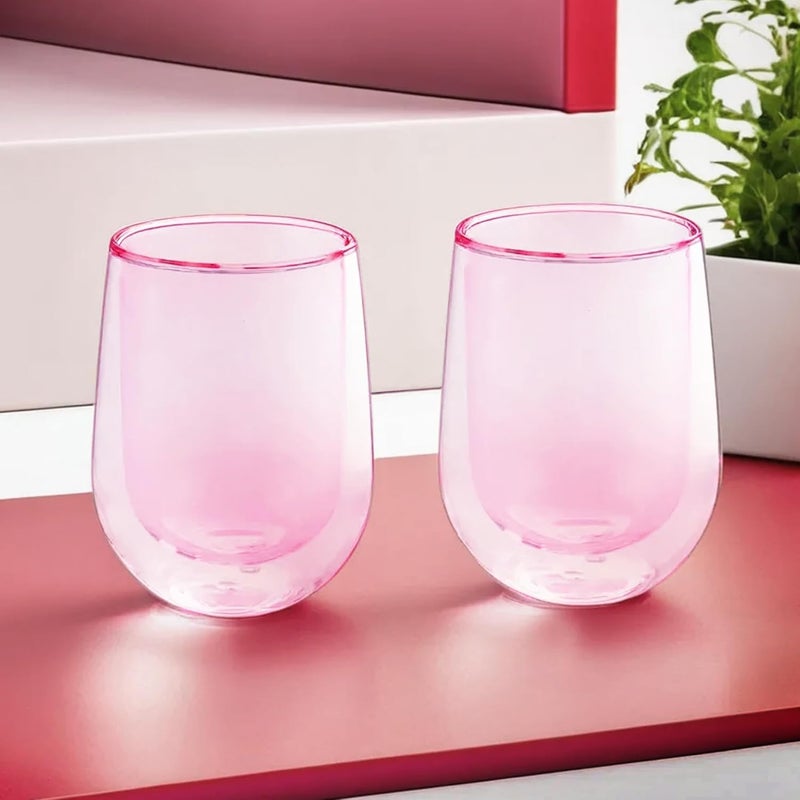 UMAI Double Wall Borosilicate Glass Coffee Mug Cups Set of 2190ml Each High Thermal Resistance Microwave Dishwasher Safe Gifting Pack for FriendsFamilyCouples Pink - Image 1
