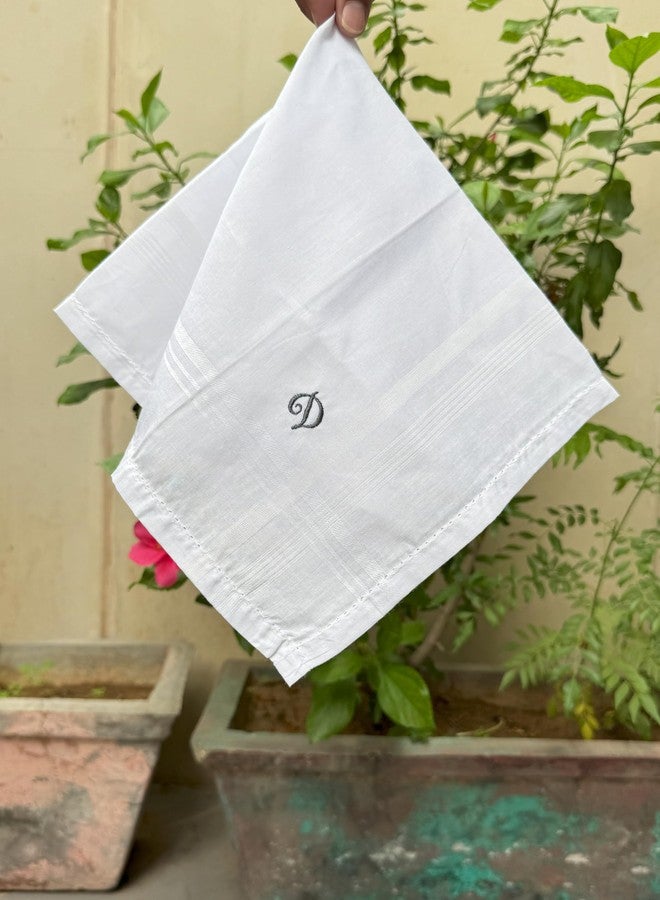 Hell Blues Monogrammed Handkerchief for Men, Initial Embroidered~ 3-Pack Assorted 100% Cotton King Size White Hanky Gift (D) - Image 2