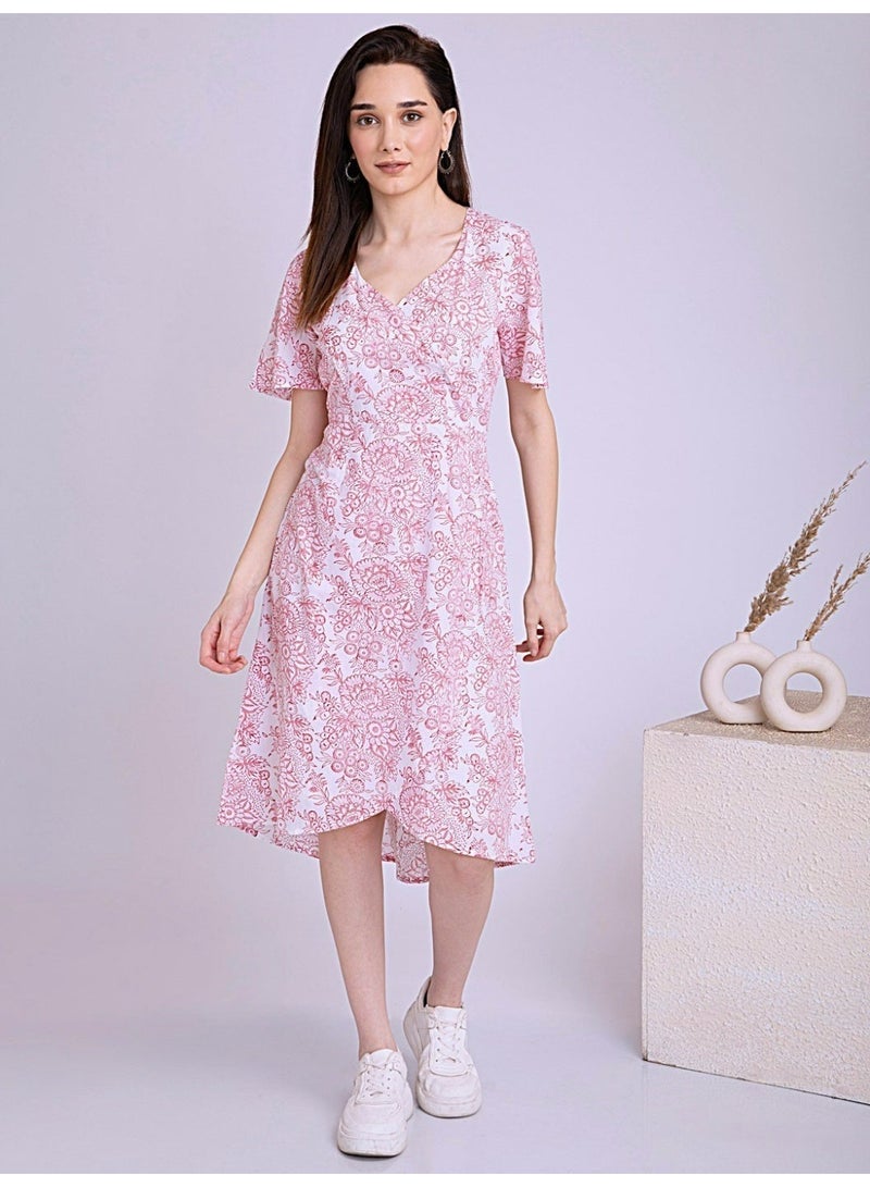 Pure Cotton Midi Overlap Dress - White with Pink Floral Hand Block Print - Image 2