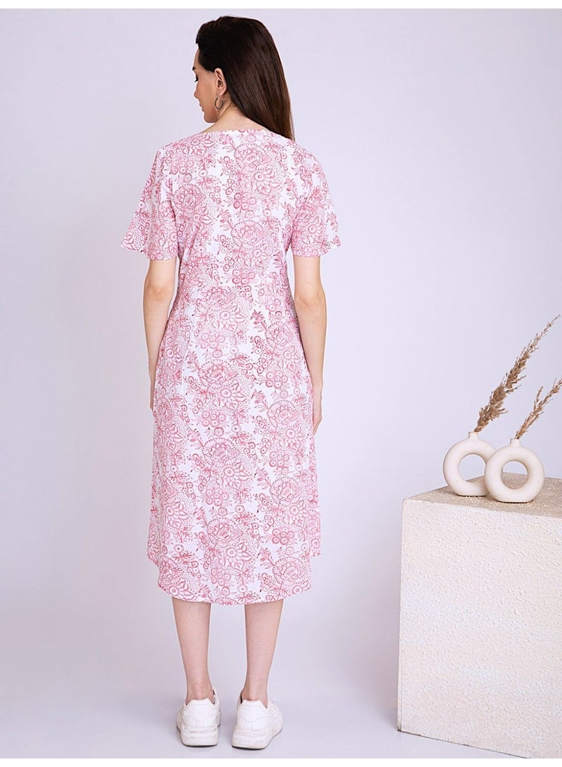 Pure Cotton Midi Overlap Dress - White with Pink Floral Hand Block Print - Image 3