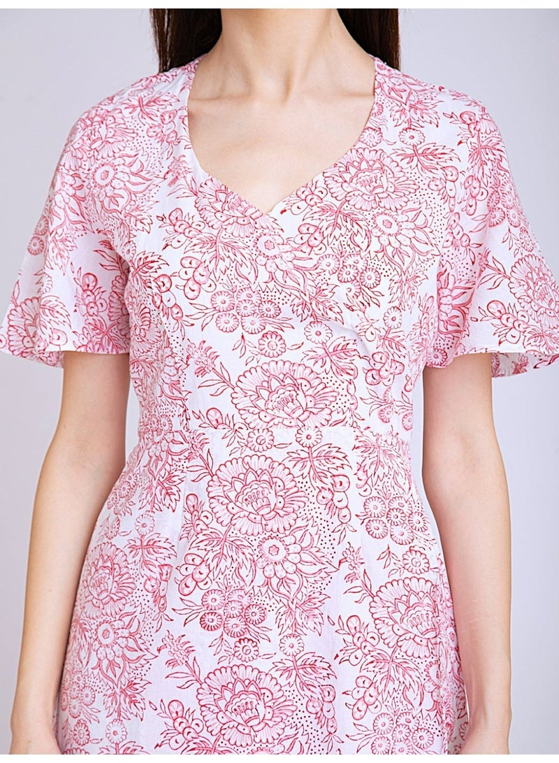 Pure Cotton Midi Overlap Dress - White with Pink Floral Hand Block Print - Image 5