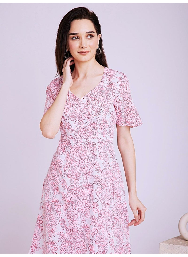Pure Cotton Midi Overlap Dress - White with Pink Floral Hand Block Print - Image 4