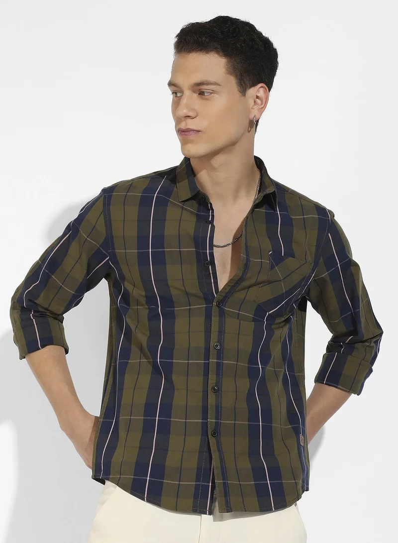 Campus Sutra Men's Olive Green Tartan Plaid Shirt