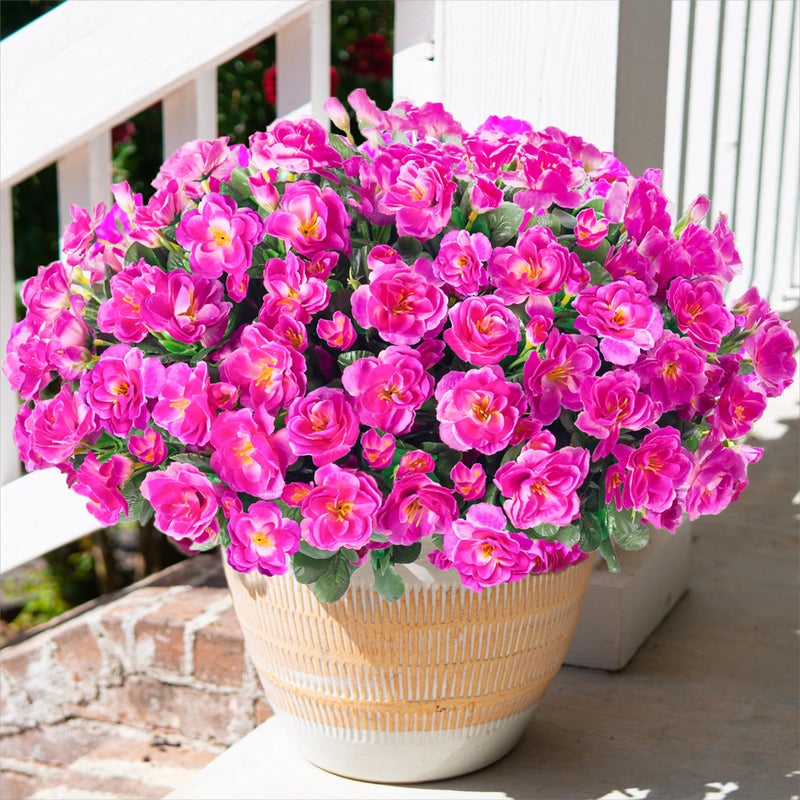 HyeFlora Artificial Faux Outdoor Flowers Plants for Spring Summer Decoration, Fake Silk Fuchsia Camellia UV Resistant Look Real for Planter Outside Front Door Porch Patio Balcony, 3 Large Bundles - Image 1