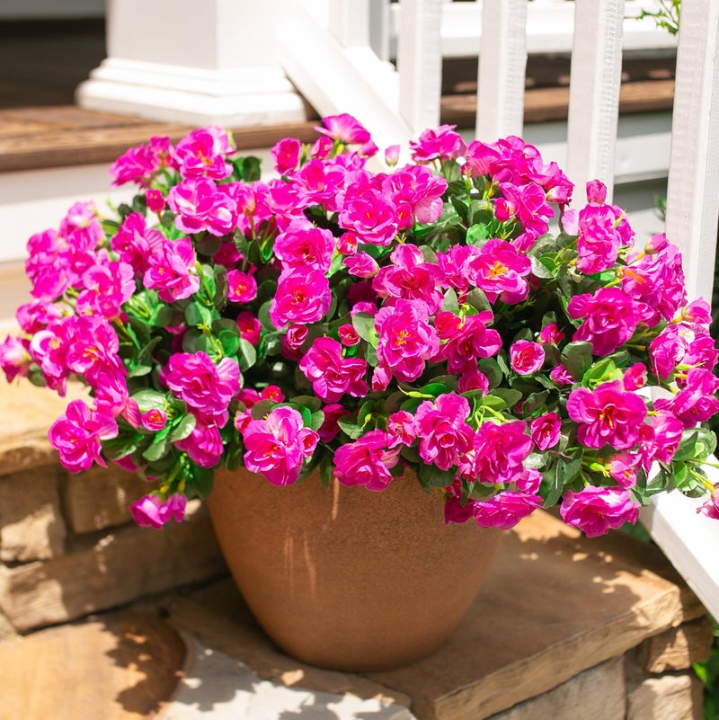 HyeFlora Artificial Faux Outdoor Flowers Plants for Spring Summer Decoration, Fake Silk Fuchsia Camellia UV Resistant Look Real for Planter Outside Front Door Porch Patio Balcony, 3 Large Bundles - Image 2