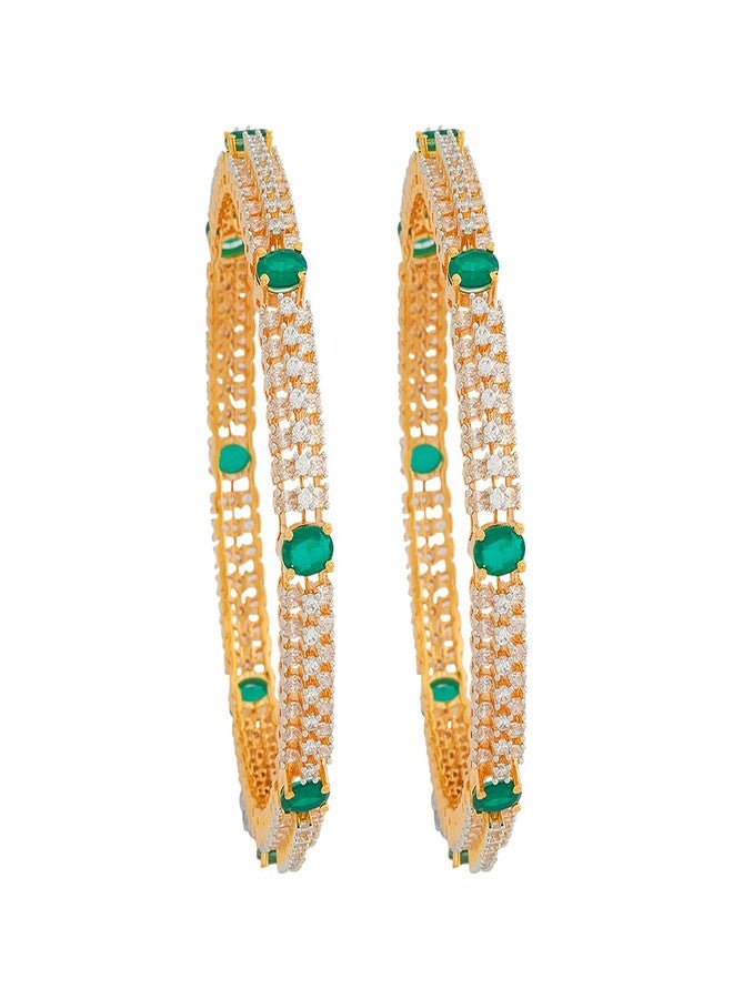 KUSHAL'S Fashion Jewellery Green Rodium-Gold Polished Copper Zircon Bangles, Best for Bridesmaid & Special Occasion - 427519 - Image 1