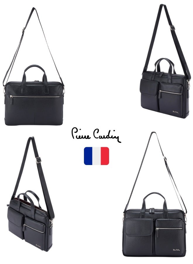 pierre cardin - Premium Business Laptop Briefcase 15.6-Inch Laptop Bag Large Capacity Messenger Bag Soft Top Handle Handbag with Long Straps Travel Office Work Black - Image 1