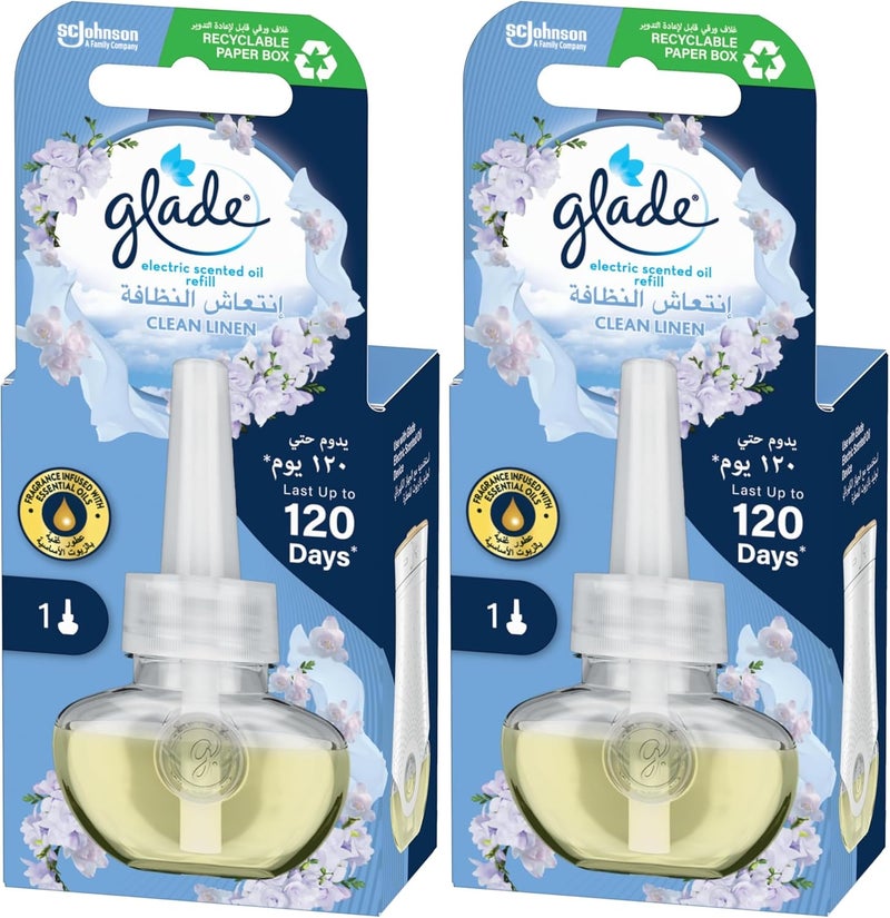 Glade Electric Plugins Air Freshener Oil Refill - Automatic Adjustable Time-Release Function - Air Freshener for Home, Continuous Freshness - Clean Linen - 20ml (Pack of 2) - Image 1