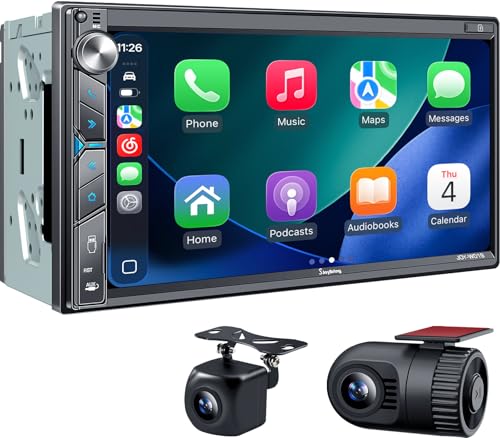 SJoyBring Double Din Car Stereo with Dash Cam Wireless Apple CarPlay Android Auto 240W 42CHN 7 Touchscreen SWC Bluetooth FMAM Car Radio 2 Subwoofers Outputs Backup Camera - Image 1