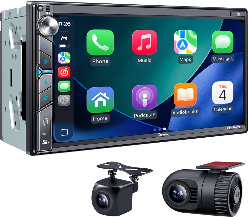 SJoyBring Double Din Car Stereo with Dash Cam Wireless Apple CarPlay Android Auto 240W 42CHN 7 Touchscreen SWC Bluetooth FMAM Car Radio 2 Subwoofers Outputs Backup Camera - Image 2