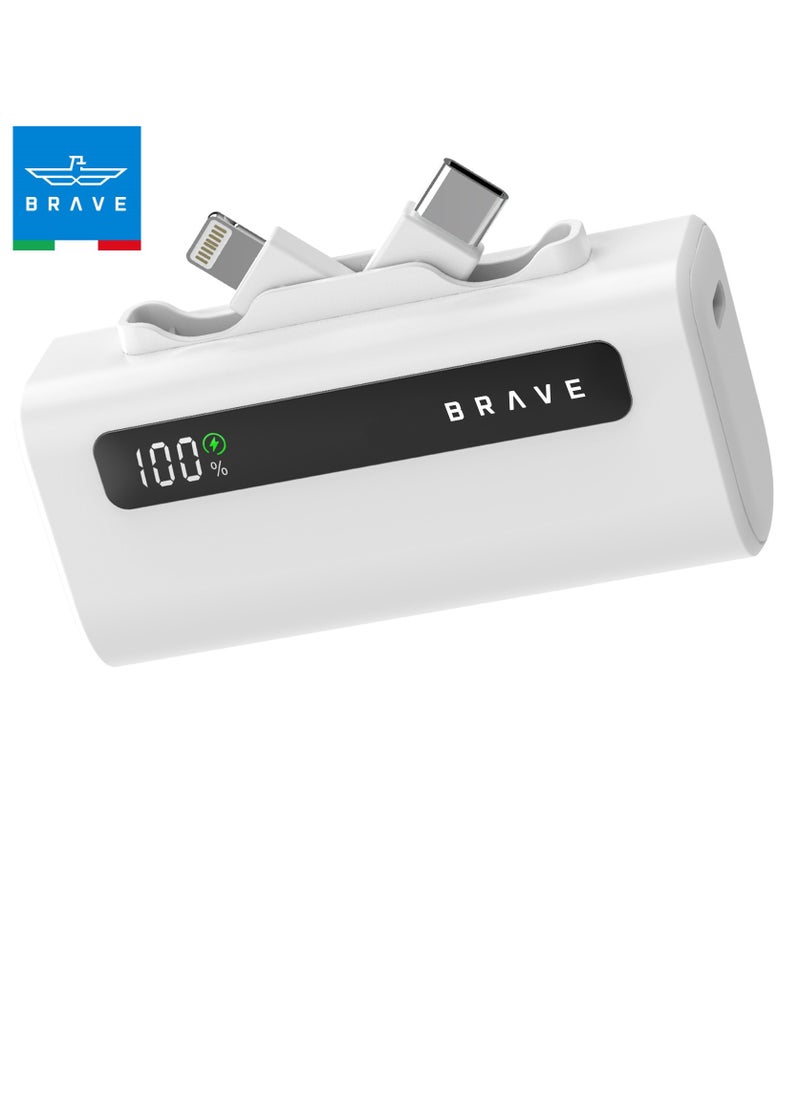 Brave - Ultra-Compact Power Bank 5000mAh, 22.5W USB-C Fast Charging, Portable Charger with Built-in Type-C and Lightning Connectors, LED Display, Compatible with iPhone 16, 15, 14, 13, 12, Samsung Galaxy 25, 24, 23, 22, iPad, AirPods Pro, and Other Android Devices (White) - Image 1