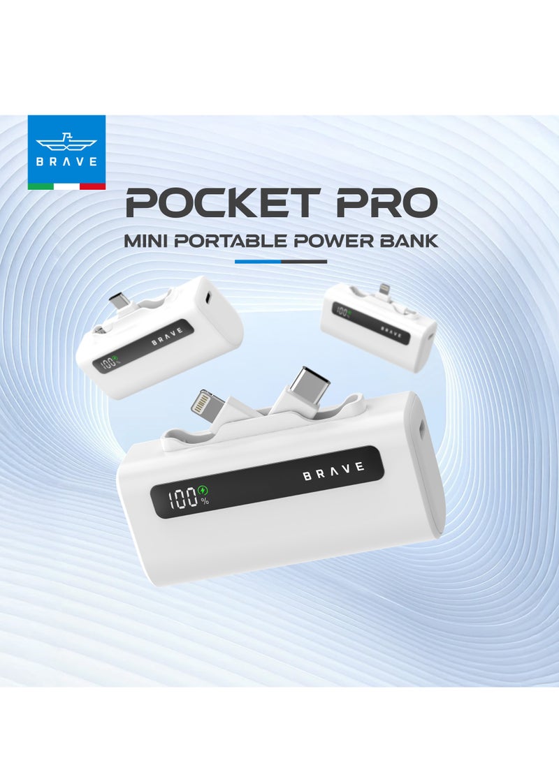 Brave - Ultra-Compact Power Bank 5000mAh, 22.5W USB-C Fast Charging, Portable Charger with Built-in Type-C and Lightning Connectors, LED Display, Compatible with iPhone 16, 15, 14, 13, 12, Samsung Galaxy 25, 24, 23, 22, iPad, AirPods Pro, and Other Android Devices (White) - Image 1