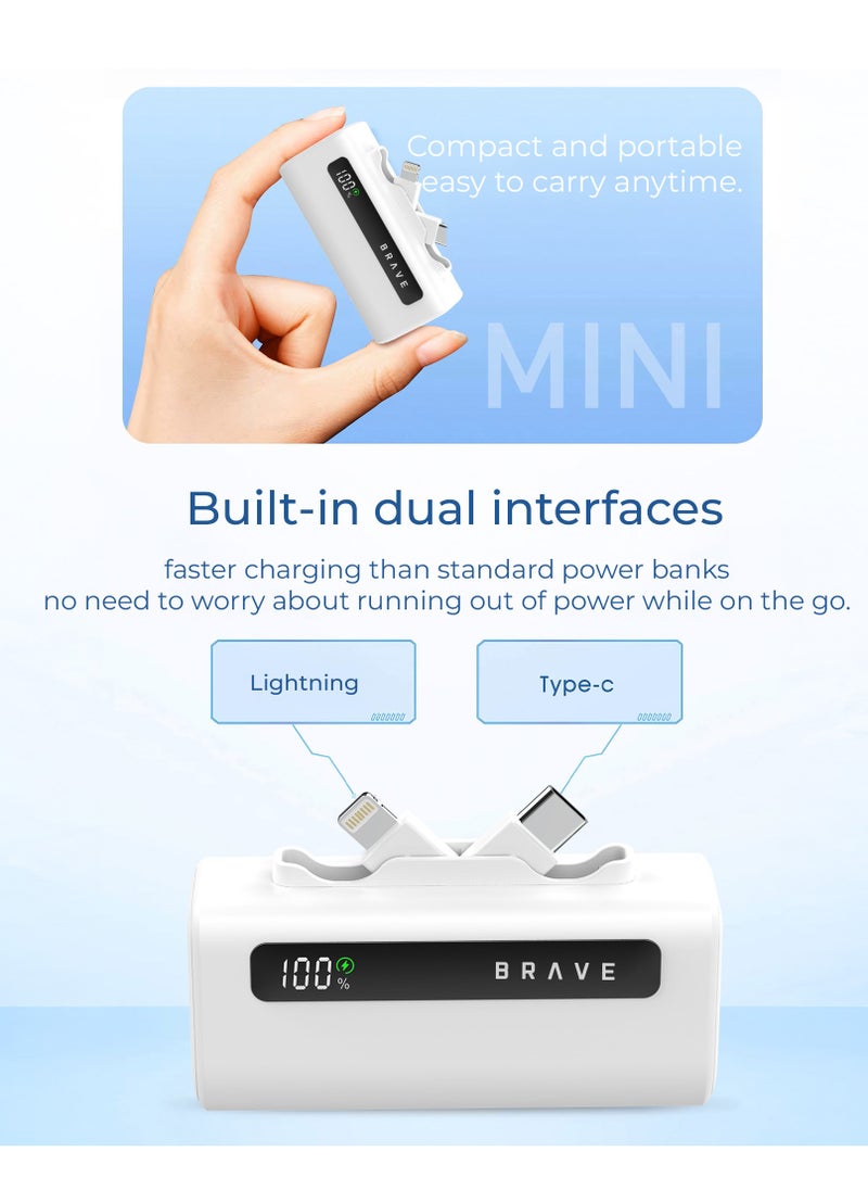 Brave - Ultra-Compact Power Bank 5000mAh, 22.5W USB-C Fast Charging, Portable Charger with Built-in Type-C and Lightning Connectors, LED Display, Compatible with iPhone 16, 15, 14, 13, 12, Samsung Galaxy 25, 24, 23, 22, iPad, AirPods Pro, and Other Android Devices (White) - Image 1