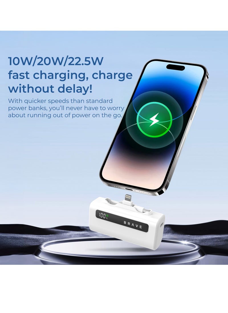 Brave - Ultra-Compact Power Bank 5000mAh, 22.5W USB-C Fast Charging, Portable Charger with Built-in Type-C and Lightning Connectors, LED Display, Compatible with iPhone 16, 15, 14, 13, 12, Samsung Galaxy 25, 24, 23, 22, iPad, AirPods Pro, and Other Android Devices (White) - Image 1