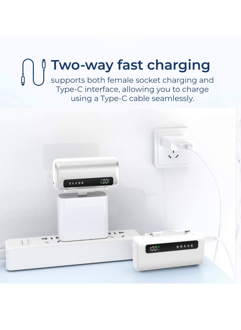 Brave - Ultra-Compact Power Bank 5000mAh, 22.5W USB-C Fast Charging, Portable Charger with Built-in Type-C and Lightning Connectors, LED Display, Compatible with iPhone 16, 15, 14, 13, 12, Samsung Galaxy 25, 24, 23, 22, iPad, AirPods Pro, and Other Android Devices (White) - Image 1