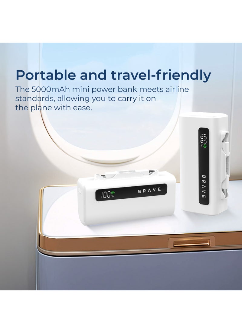 Brave - Ultra-Compact Power Bank 5000mAh, 22.5W USB-C Fast Charging, Portable Charger with Built-in Type-C and Lightning Connectors, LED Display, Compatible with iPhone 16, 15, 14, 13, 12, Samsung Galaxy 25, 24, 23, 22, iPad, AirPods Pro, and Other Android Devices (White) - Image 1