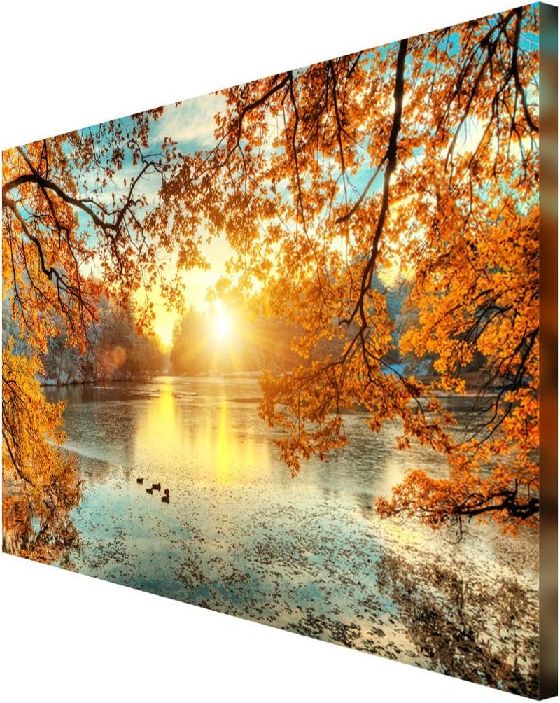 999Store Printed Yellow Leaves Tree and Lake Painting Wall Art (Canvas_36X24 Inches_Multi) - Image 3